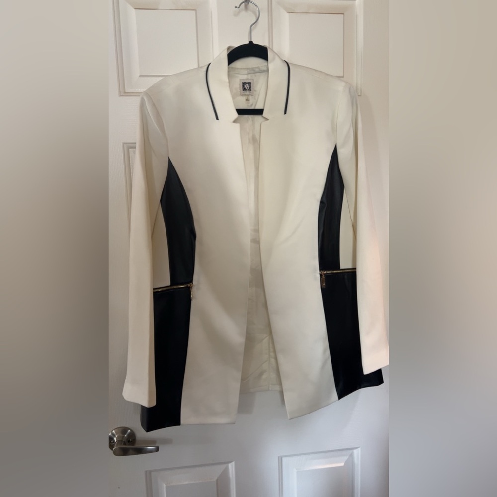 White with black leather blazer